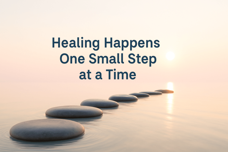 Healing happens one small step at a time — sunrise stepping stones on calm water.