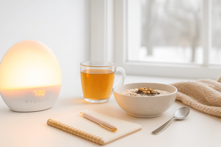 Sunrise alarm clock glowing beside a cosy winter bedside table